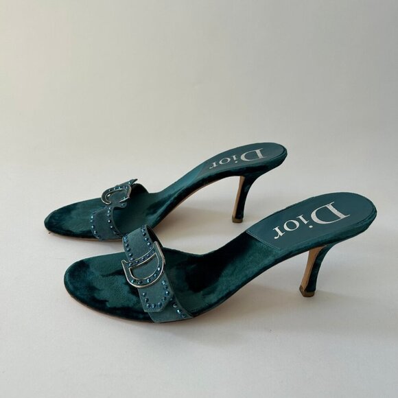 VINTAGE CHRISTIAN DIOR BLUE VELVELT EMBELLISHED HEELS - Picture 3 of 9